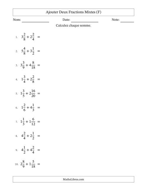 Ajouter deux fractions mixtes avec des dénominateurs similaires, résultats en fractions mixtes, et avec simplification dans tous les problèmes (F)