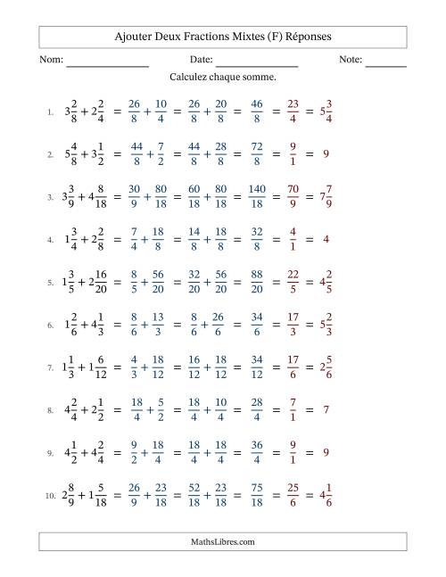 Ajouter deux fractions mixtes avec des dénominateurs similaires, résultats en fractions mixtes, et avec simplification dans tous les problèmes (F) page 2