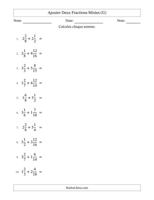 Ajouter deux fractions mixtes avec des dénominateurs similaires, résultats en fractions mixtes, et avec simplification dans tous les problèmes (G)