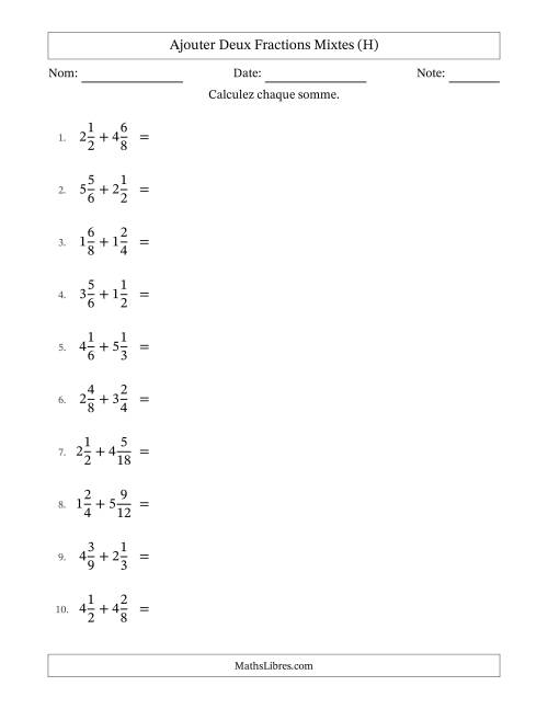 Ajouter deux fractions mixtes avec des dénominateurs similaires, résultats en fractions mixtes, et avec simplification dans tous les problèmes (H)