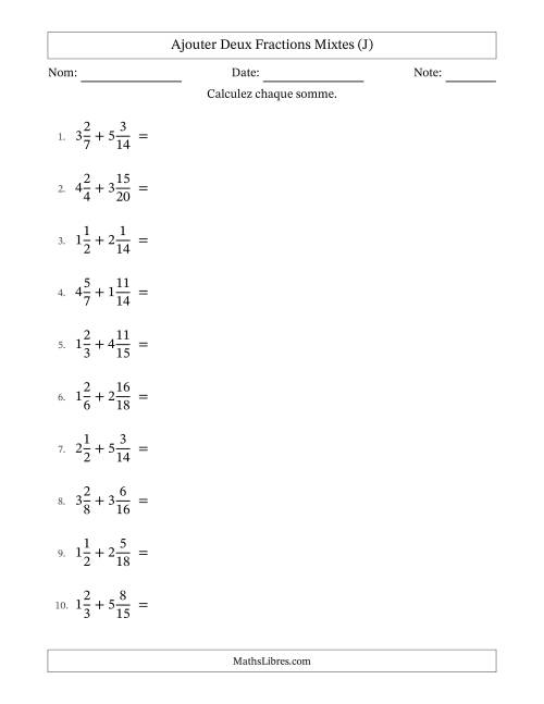 Ajouter deux fractions mixtes avec des dénominateurs similaires, résultats en fractions mixtes, et avec simplification dans tous les problèmes (J)