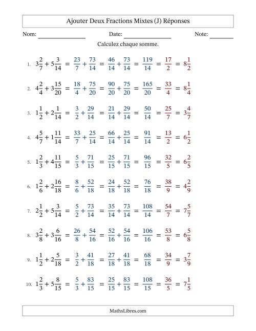 Ajouter deux fractions mixtes avec des dénominateurs similaires, résultats en fractions mixtes, et avec simplification dans tous les problèmes (J) page 2