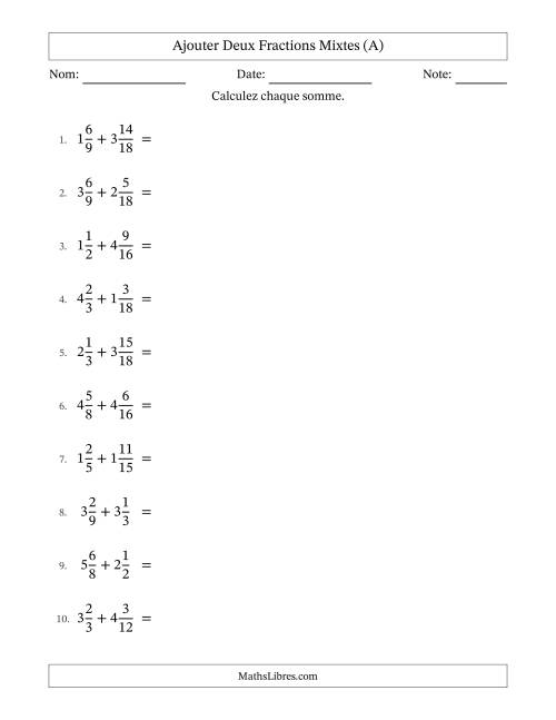 Ajouter deux fractions mixtes avec des dénominateurs similaires, résultats en fractions mixtes, et avec simplification dans quelques problèmes (A)