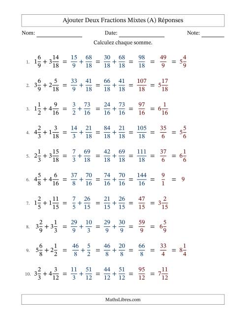 Ajouter deux fractions mixtes avec des dénominateurs similaires, résultats en fractions mixtes, et avec simplification dans quelques problèmes (A) page 2