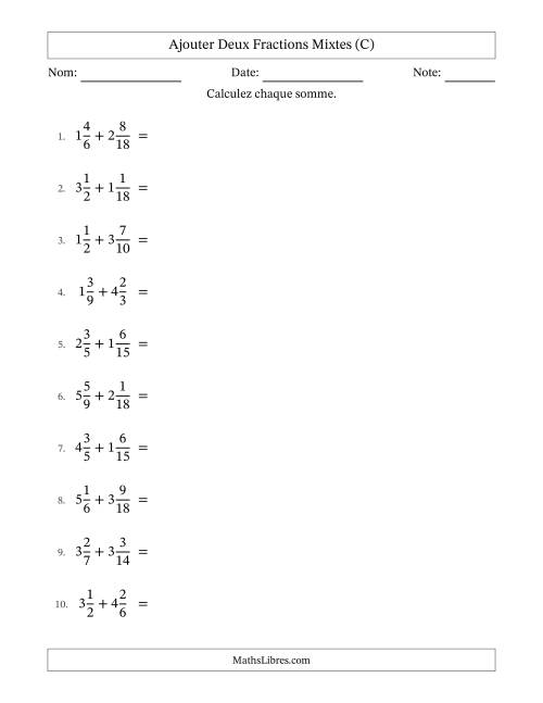 Ajouter deux fractions mixtes avec des dénominateurs similaires, résultats en fractions mixtes, et avec simplification dans quelques problèmes (C)