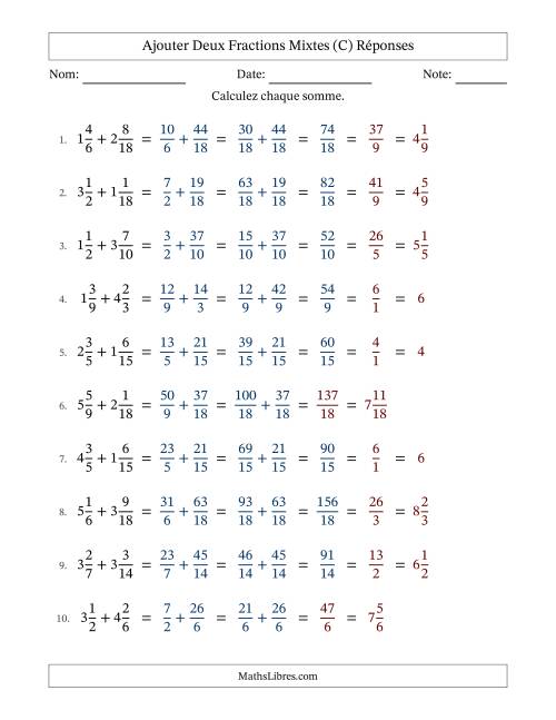 Ajouter deux fractions mixtes avec des dénominateurs similaires, résultats en fractions mixtes, et avec simplification dans quelques problèmes (C) page 2