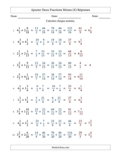 Ajouter deux fractions mixtes avec des dénominateurs similaires, résultats en fractions mixtes, et avec simplification dans quelques problèmes (E) page 2