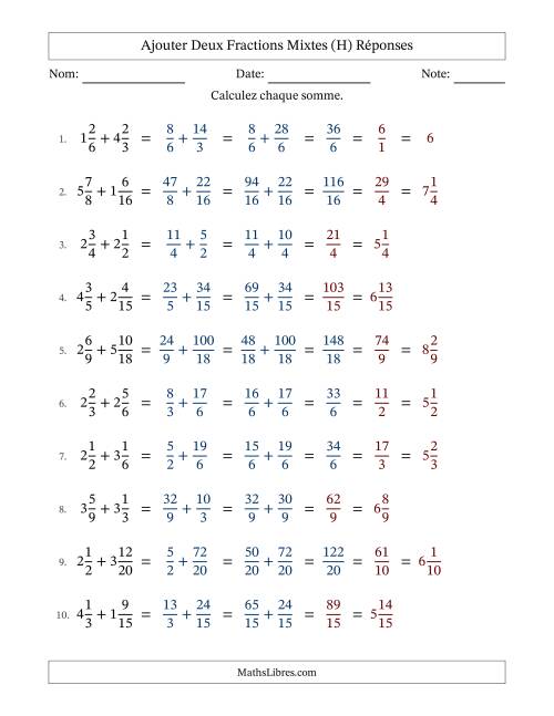 Ajouter deux fractions mixtes avec des dénominateurs similaires, résultats en fractions mixtes, et avec simplification dans quelques problèmes (H) page 2