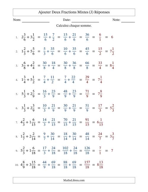 Ajouter deux fractions mixtes avec des dénominateurs similaires, résultats en fractions mixtes, et avec simplification dans quelques problèmes (J) page 2