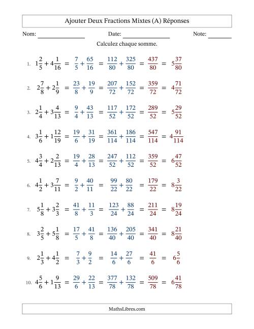 Ajouter deux fractions mixtes avec des dénominateurs différents, résultats en fractions mixtes, et sans simplification (A) page 2