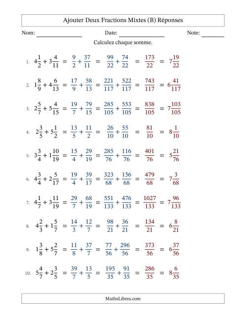 Ajouter deux fractions mixtes avec des dénominateurs différents, résultats en fractions mixtes, et sans simplification (B) page 2