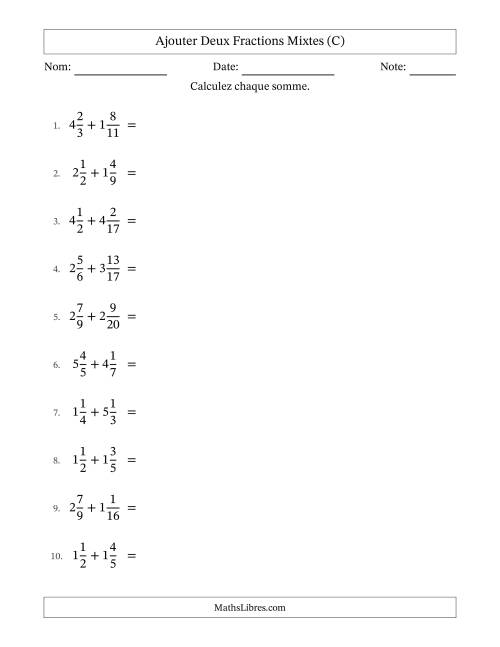 Ajouter deux fractions mixtes avec des dénominateurs différents, résultats en fractions mixtes, et sans simplification (C)