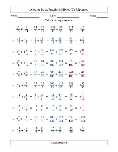 Ajouter deux fractions mixtes avec des dénominateurs différents, résultats en fractions mixtes, et sans simplification (C) page 2