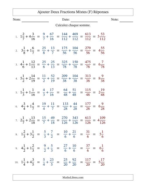 Ajouter deux fractions mixtes avec des dénominateurs différents, résultats en fractions mixtes, et sans simplification (F) page 2