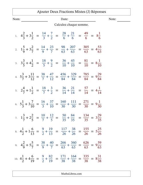 Ajouter deux fractions mixtes avec des dénominateurs différents, résultats en fractions mixtes, et sans simplification (J) page 2