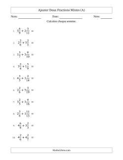 Ajouter deux fractions mixtes avec des dénominateurs différents, résultats en fractions mixtes, et avec simplification dans tous les problèmes