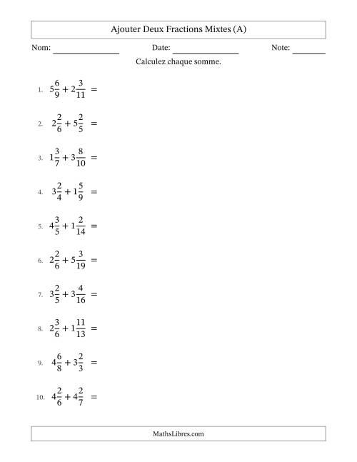 Ajouter deux fractions mixtes avec des dénominateurs différents, résultats en fractions mixtes, et avec simplification dans tous les problèmes (A)
