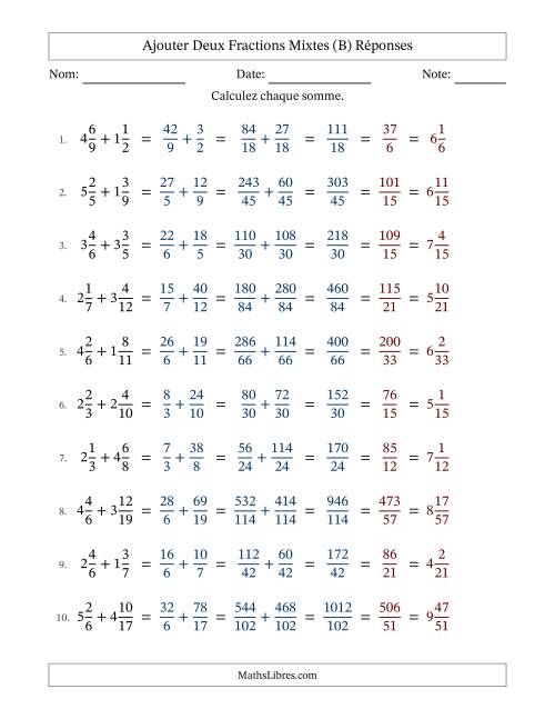 Ajouter deux fractions mixtes avec des dénominateurs différents, résultats en fractions mixtes, et avec simplification dans tous les problèmes (B) page 2