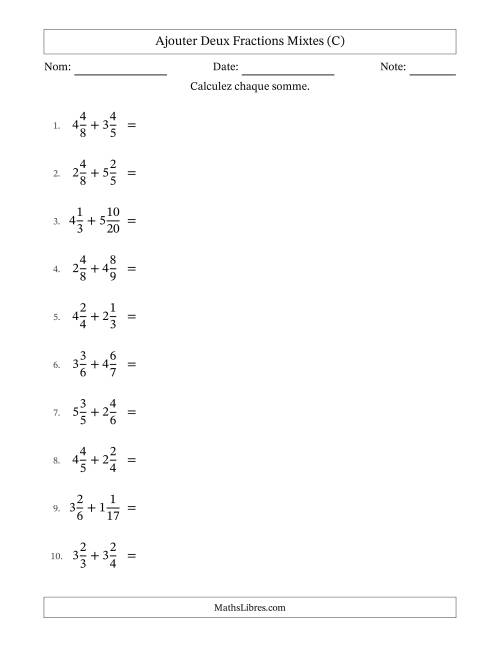 Ajouter deux fractions mixtes avec des dénominateurs différents, résultats en fractions mixtes, et avec simplification dans tous les problèmes (C)