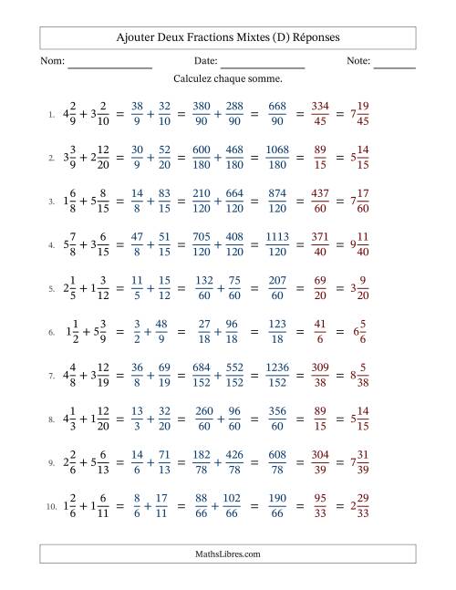 Ajouter deux fractions mixtes avec des dénominateurs différents, résultats en fractions mixtes, et avec simplification dans tous les problèmes (D) page 2