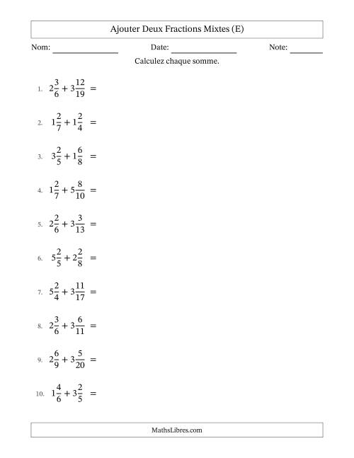 Ajouter deux fractions mixtes avec des dénominateurs différents, résultats en fractions mixtes, et avec simplification dans tous les problèmes (E)