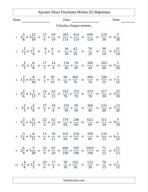 Ajouter deux fractions mixtes avec des dénominateurs différents, résultats en fractions mixtes, et avec simplification dans tous les problèmes (E) page 2
