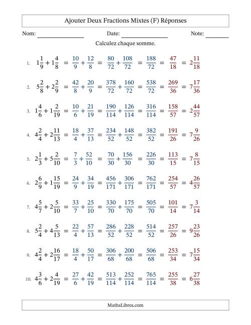 Ajouter deux fractions mixtes avec des dénominateurs différents, résultats en fractions mixtes, et avec simplification dans tous les problèmes (F) page 2