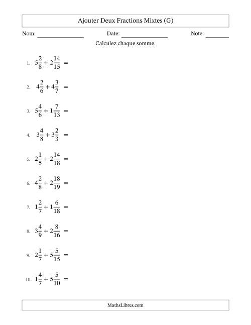 Ajouter deux fractions mixtes avec des dénominateurs différents, résultats en fractions mixtes, et avec simplification dans tous les problèmes (G)