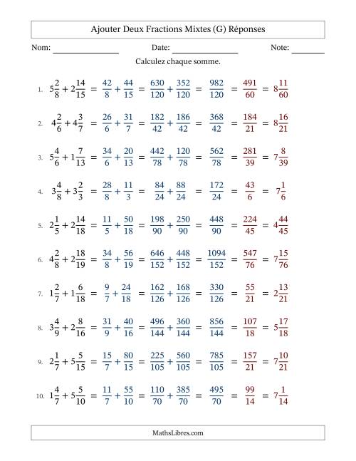 Ajouter deux fractions mixtes avec des dénominateurs différents, résultats en fractions mixtes, et avec simplification dans tous les problèmes (G) page 2