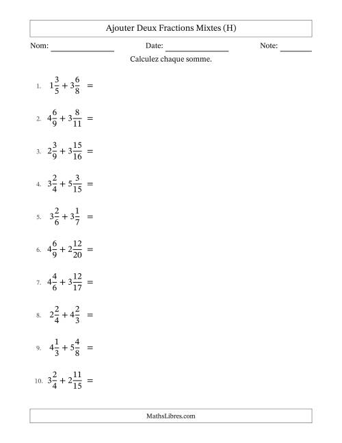 Ajouter deux fractions mixtes avec des dénominateurs différents, résultats en fractions mixtes, et avec simplification dans tous les problèmes (H)