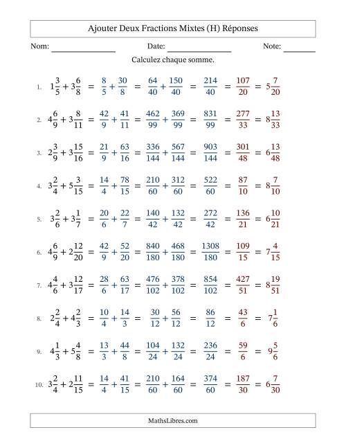 Ajouter deux fractions mixtes avec des dénominateurs différents, résultats en fractions mixtes, et avec simplification dans tous les problèmes (H) page 2