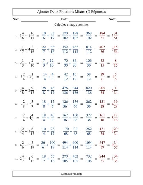 Ajouter deux fractions mixtes avec des dénominateurs différents, résultats en fractions mixtes, et avec simplification dans tous les problèmes (I) page 2