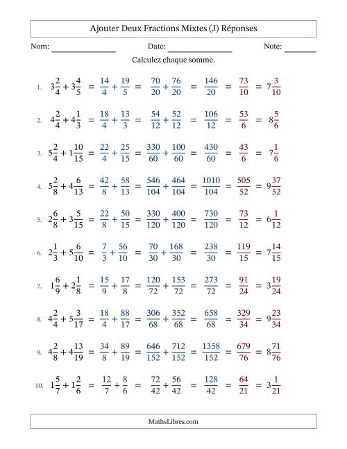 Ajouter deux fractions mixtes avec des dénominateurs différents, résultats en fractions mixtes, et avec simplification dans tous les problèmes (J) page 2
