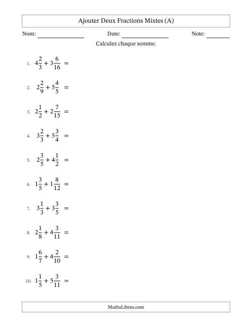 Ajouter deux fractions mixtes avec des dénominateurs différents, résultats en fractions mixtes, et avec simplification dans quelques problèmes (A)