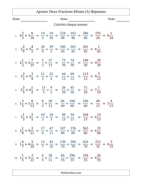 Ajouter deux fractions mixtes avec des dénominateurs différents, résultats en fractions mixtes, et avec simplification dans quelques problèmes (A) page 2