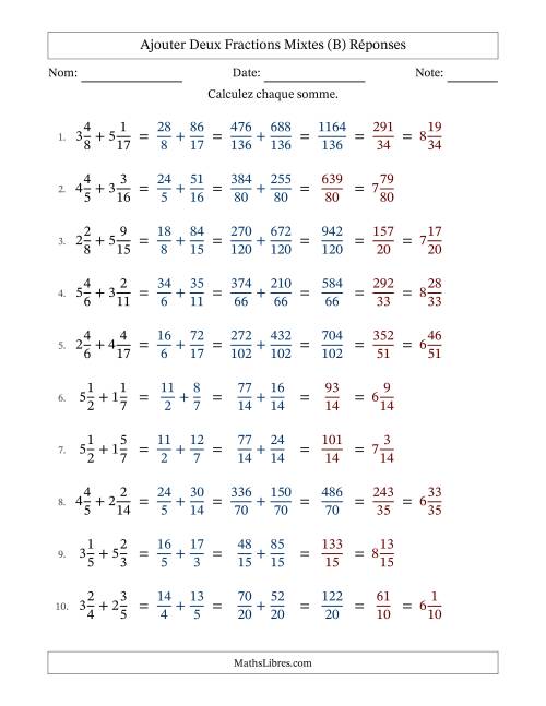 Ajouter deux fractions mixtes avec des dénominateurs différents, résultats en fractions mixtes, et avec simplification dans quelques problèmes (B) page 2