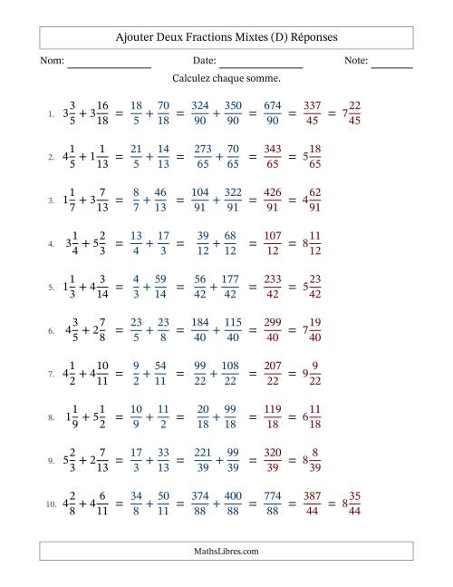 Ajouter deux fractions mixtes avec des dénominateurs différents, résultats en fractions mixtes, et avec simplification dans quelques problèmes (D) page 2