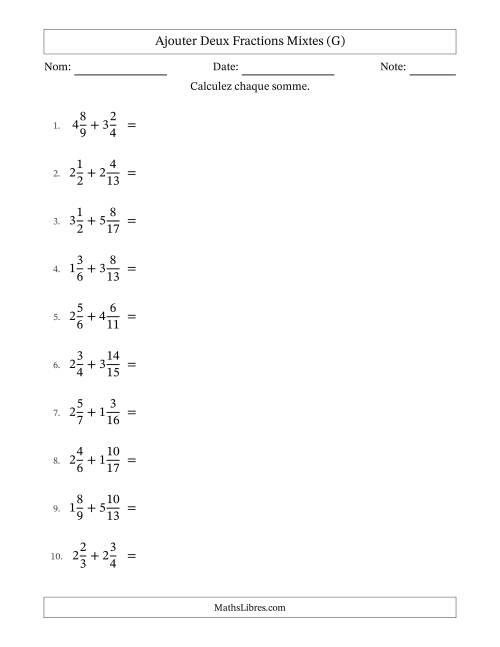 Ajouter deux fractions mixtes avec des dénominateurs différents, résultats en fractions mixtes, et avec simplification dans quelques problèmes (G)