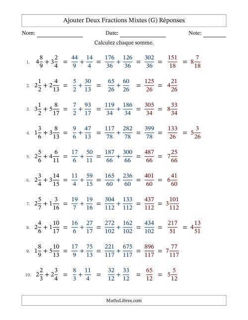 Ajouter deux fractions mixtes avec des dénominateurs différents, résultats en fractions mixtes, et avec simplification dans quelques problèmes (G) page 2