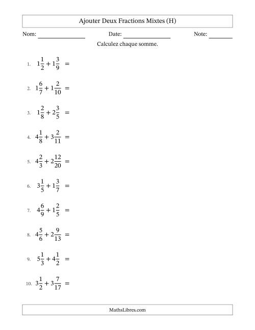 Ajouter deux fractions mixtes avec des dénominateurs différents, résultats en fractions mixtes, et avec simplification dans quelques problèmes (H)