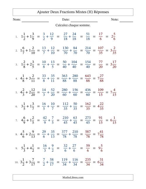 Ajouter deux fractions mixtes avec des dénominateurs différents, résultats en fractions mixtes, et avec simplification dans quelques problèmes (H) page 2