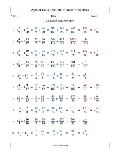 Ajouter deux fractions mixtes avec des dénominateurs différents, résultats en fractions mixtes, et avec simplification dans quelques problèmes (I) page 2