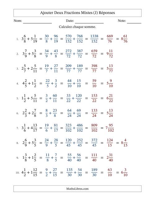 Ajouter deux fractions mixtes avec des dénominateurs différents, résultats en fractions mixtes, et avec simplification dans quelques problèmes (J) page 2
