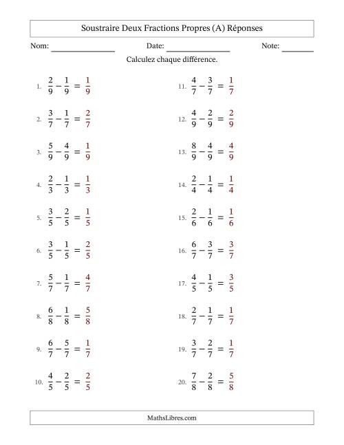 Soustraire deux fractions propres avec des dénominateurs égaux, résultats en fractions propres, et sans simplification (A) page 2