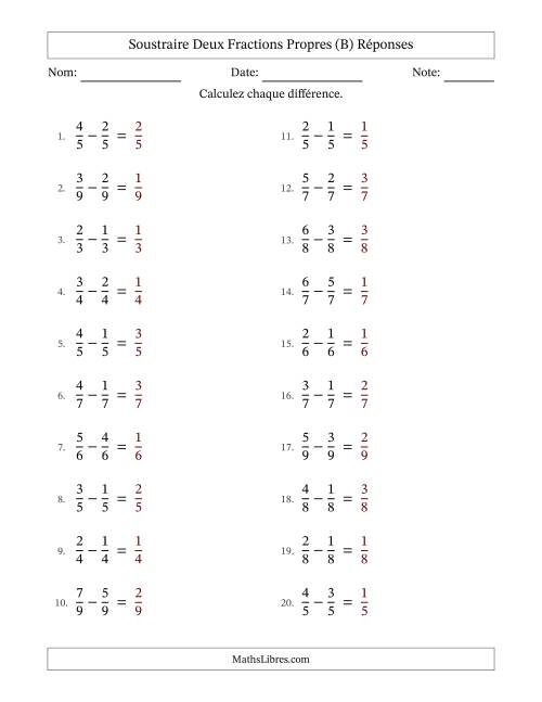 Soustraire deux fractions propres avec des dénominateurs égaux, résultats en fractions propres, et sans simplification (B) page 2