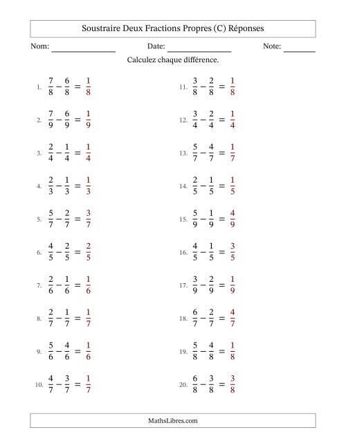 Soustraire deux fractions propres avec des dénominateurs égaux, résultats en fractions propres, et sans simplification (C) page 2