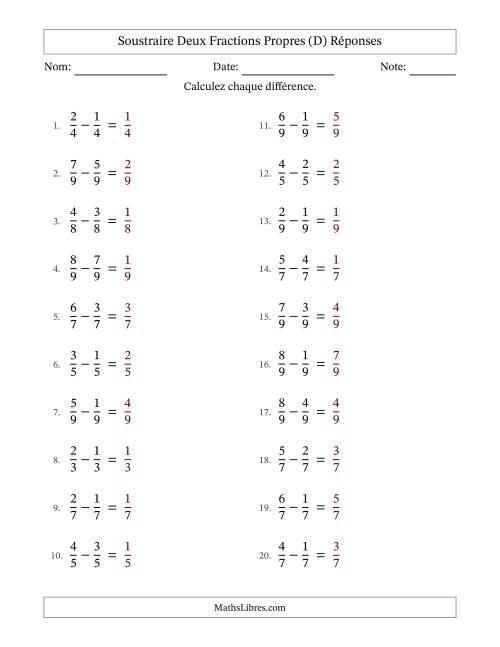 Soustraire deux fractions propres avec des dénominateurs égaux, résultats en fractions propres, et sans simplification (D) page 2