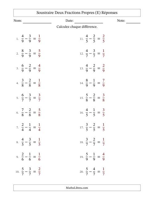 Soustraire deux fractions propres avec des dénominateurs égaux, résultats en fractions propres, et sans simplification (E) page 2