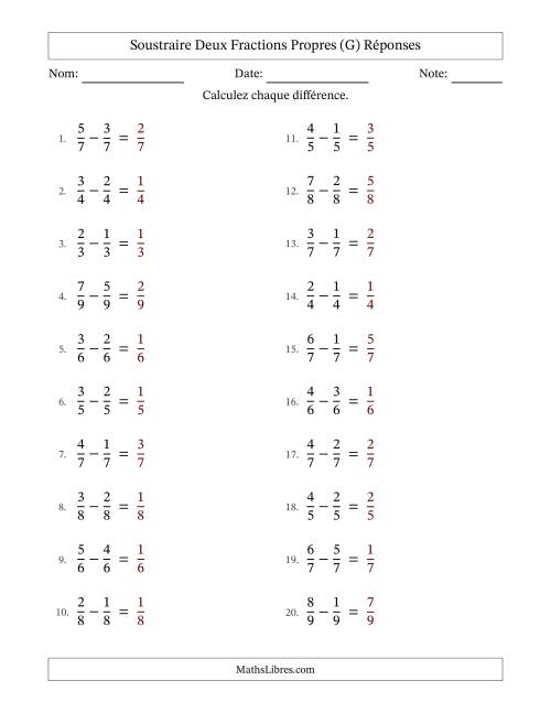 Soustraire deux fractions propres avec des dénominateurs égaux, résultats en fractions propres, et sans simplification (G) page 2