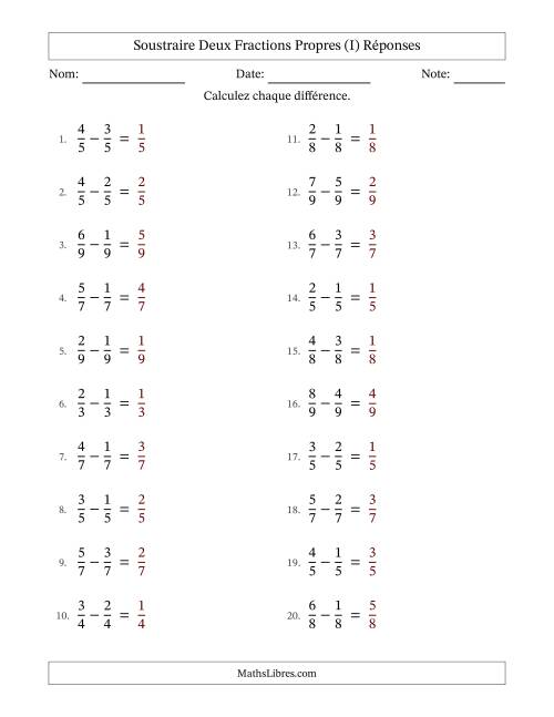 Soustraire deux fractions propres avec des dénominateurs égaux, résultats en fractions propres, et sans simplification (I) page 2